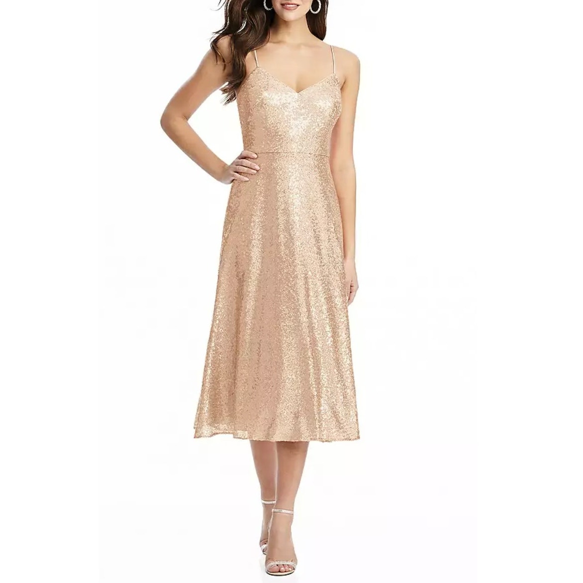 New Dessy Collection Elle Spaghetti Strap Flared Skirt Sequin Midi Dress